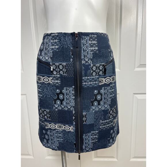 W By Worth Navy Blue Anf Black Patchwork Tapestry A Line Skirt Size 8 - Picture 6 of 10